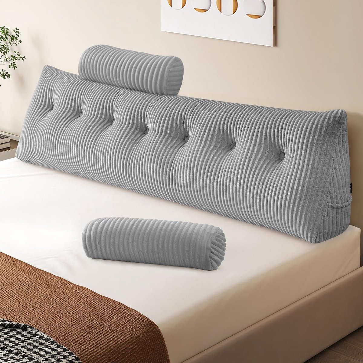 Boekenkussen, wigvormig kussen, leeskussen voor bed en bank, gezellig rugkussen, praktisch zijvak, verwijderbare hoes, met rond hoofdkussen (lichtgrijs, 200 x 50 x 20 cm)