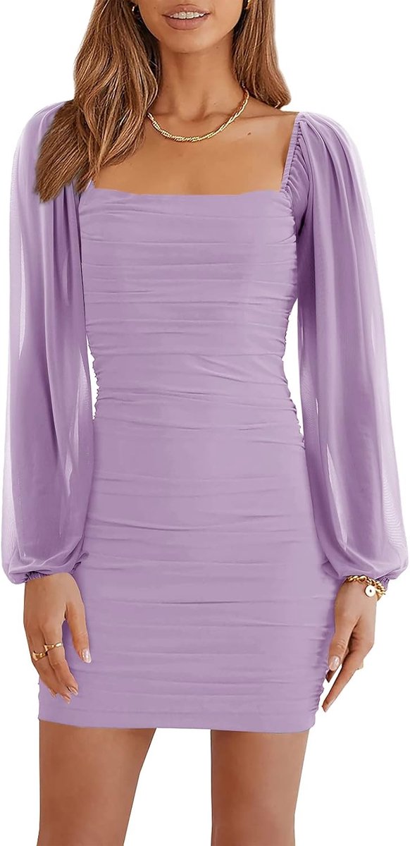 Mini-jurk voor dames, mesh, lange mouwen, vierkante hals, ruches, party, club, cocktail, bodycon