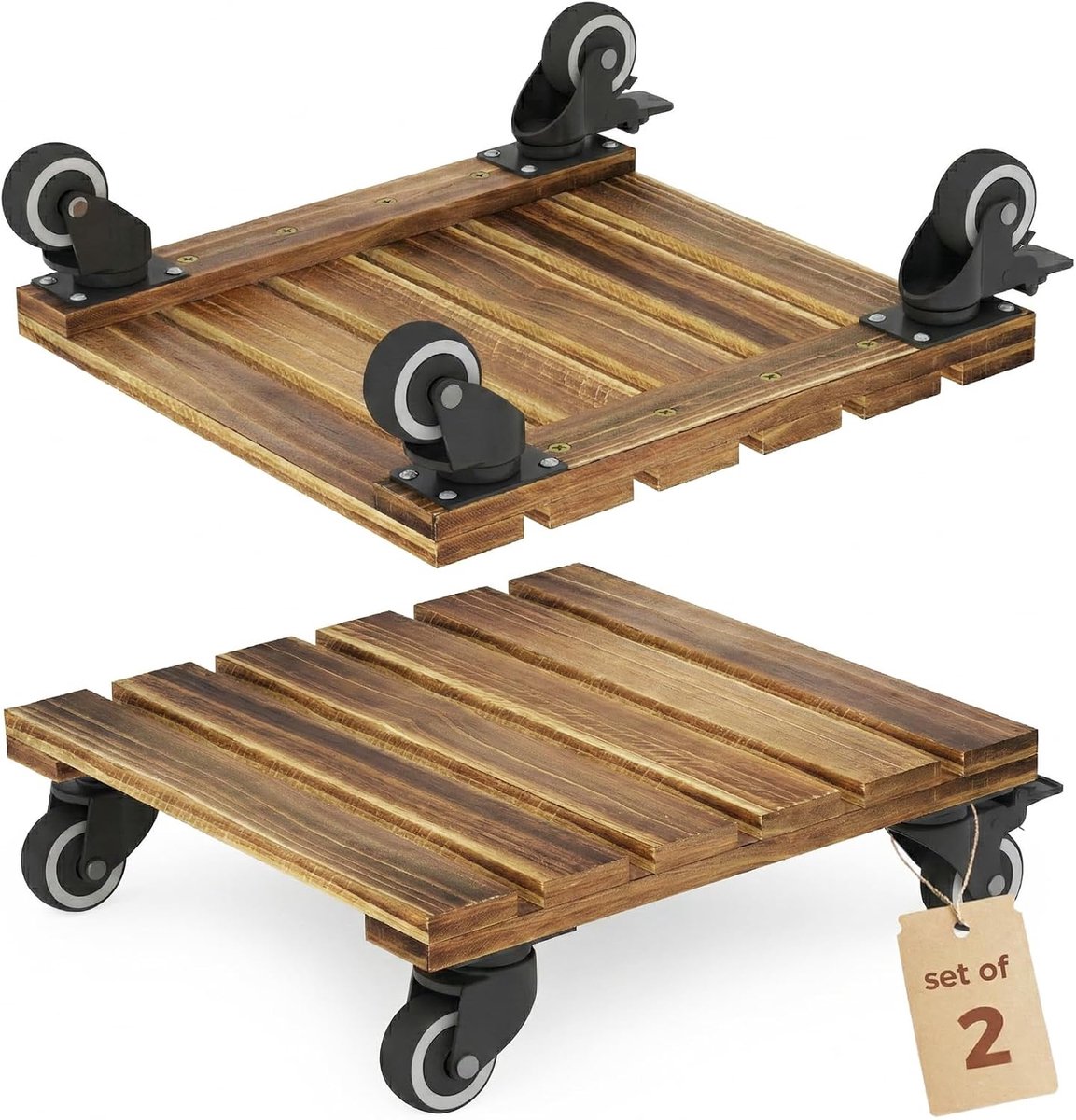 Plantenonderzetter Hout 14 inch met Wielen 2 Stuks, Planten Dolly 163 kg Draagvermogen, 360° Vergrendelbare Wielen, voor Grote Plantenpotten Binnen en Buiten