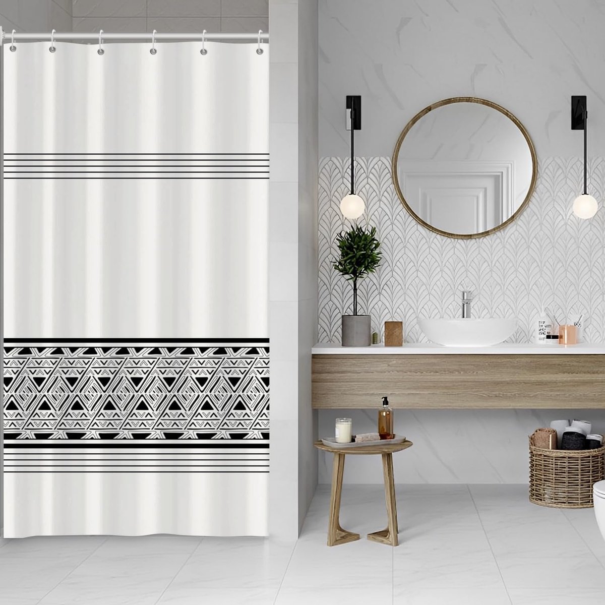 Douchegordijn 90x180 cm, Modern Boho Stijl Regel Zwart Witte Geometrie Bad Wasbare Smal Douchegordijn Polyester Textiel Waterdichte Douchegordijn voor Badkuip met 6 Haakjes