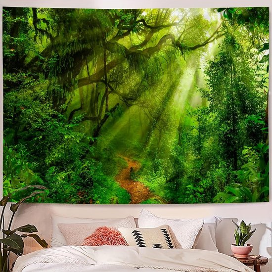 Bos Tapestry - Groen Groot Boom Zonsopgang Landschap Wanddoeken Wandtapijt Jungle Muur Opknoping 260 x 240 cm — afbeelding 5