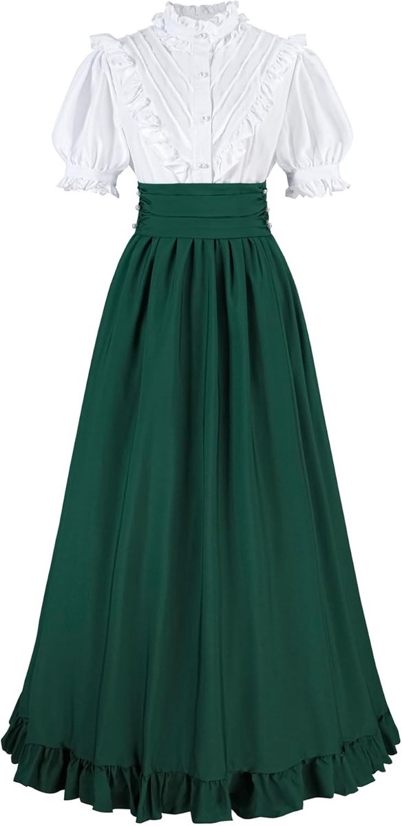 Jurk voor dames, middeleeuwse jurk, renaissance, baljurk, lang, blouse met korte mouwen en hoog getailleerde rokset