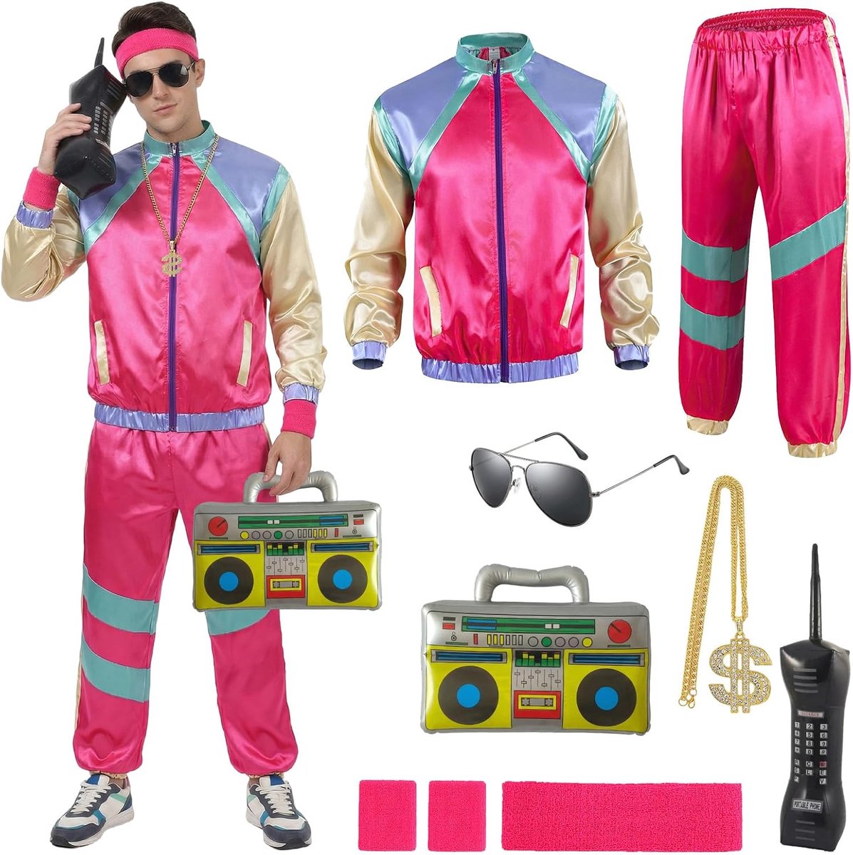 Jaren '80 / 90 verkleedkleding voor heren met accessoires, retro jaren 80 en 90 hiphop-outfit voor volwassenen, jaren 80 verkleedset met 1 sportkleding, shirt, broek, hoed, ketting, ballonbril