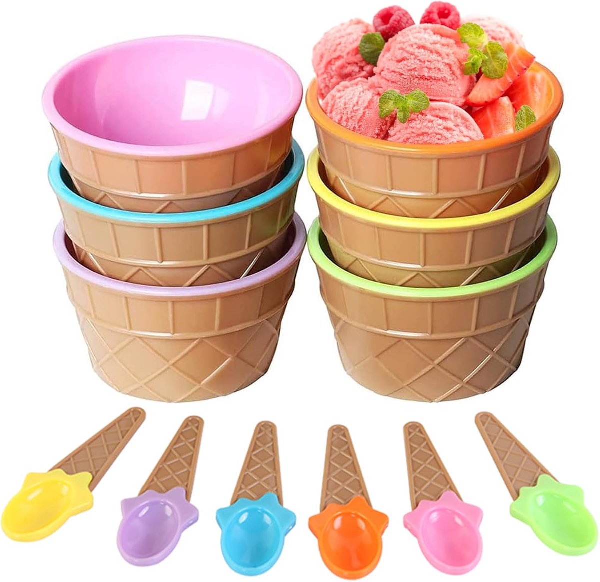 6 stuks kleurrijke ijsschalen met lepel, ijsschaal, kunststof, dessertschaal, ijsschaal, herbruikbaar, voor huishouden, camping