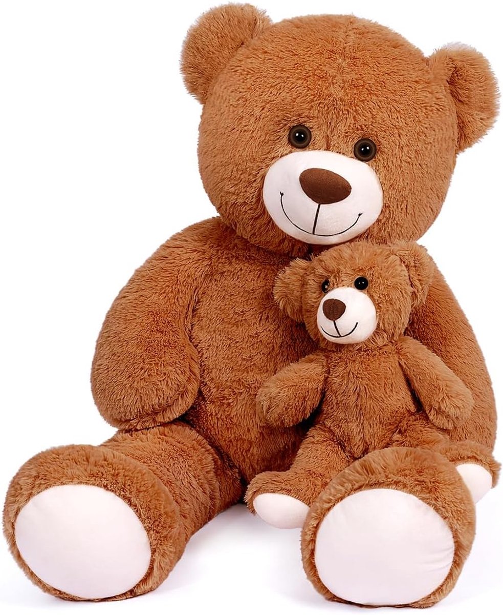Teddybeer gevuld dier, grote teddybeer met baby, enorme teddybeer gevulde dierenbeer voor kinderen, vriendin op Moederdag, Valentijnsdag, Kerstmis, babydouche (100 cm, bruin)