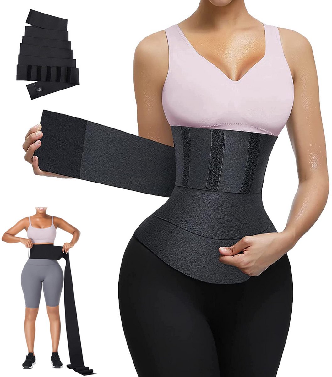 taileband buikband - waistrainer - buikband postpartum - zweet buikband Shaper - verstelbaar klittenband - 400cmx10cm - zwart - voor dames - figuur corrigeren - 6‑rij klittenband - uikcontrole shapewear voor sport en alledaagse draag