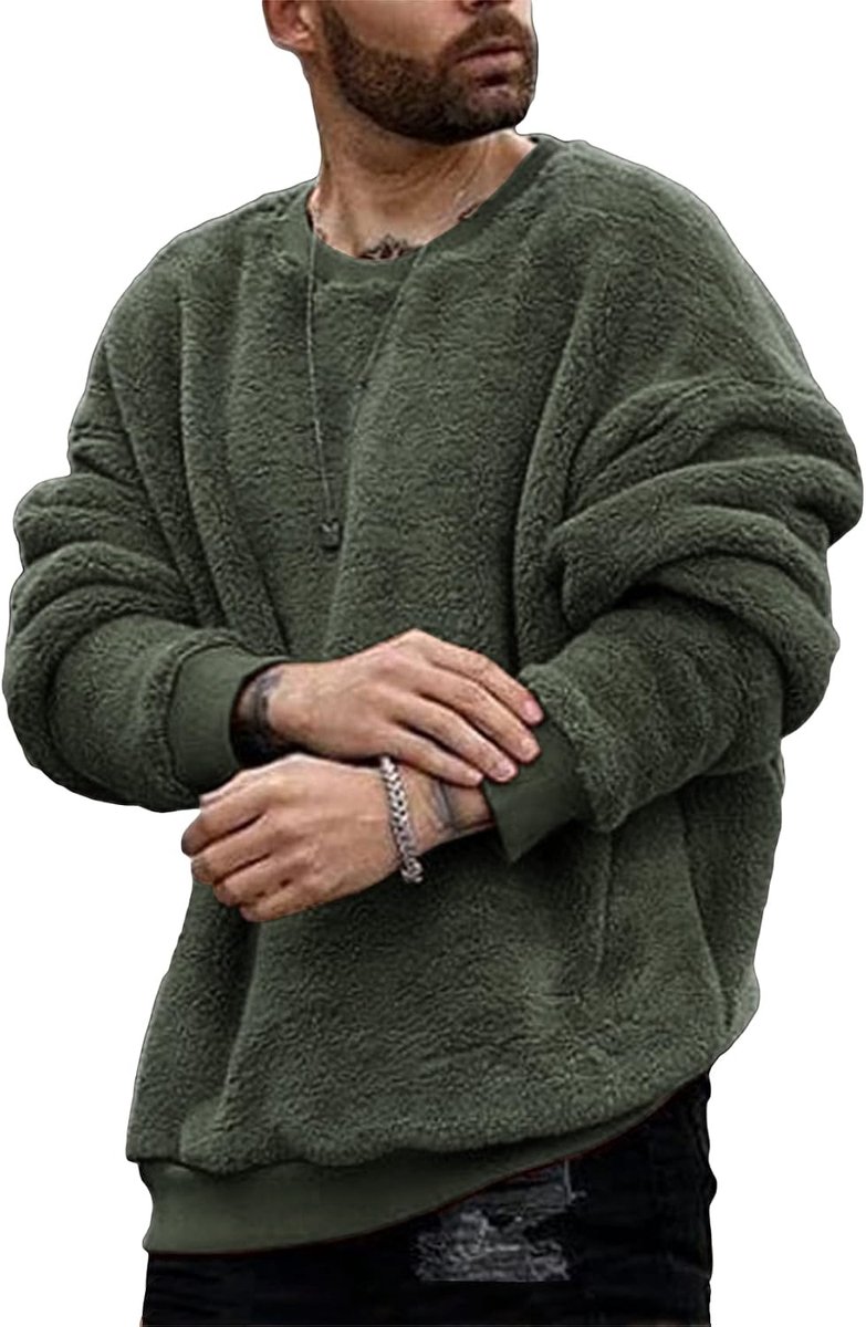 Teddyfleece trui voor heren met ronde hals, pluizige tops, sweatshirt, lichte en winddichte wintertrui