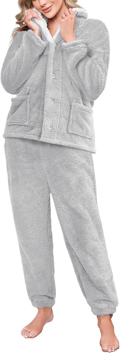 Pyjama voor dames winter pluizige fleece pyjama 2-delige pluizige pyjama sets dames loungewear lange mouwen nachtkleding pluche warme nachtkleding reverskraag trui met knoop zakken