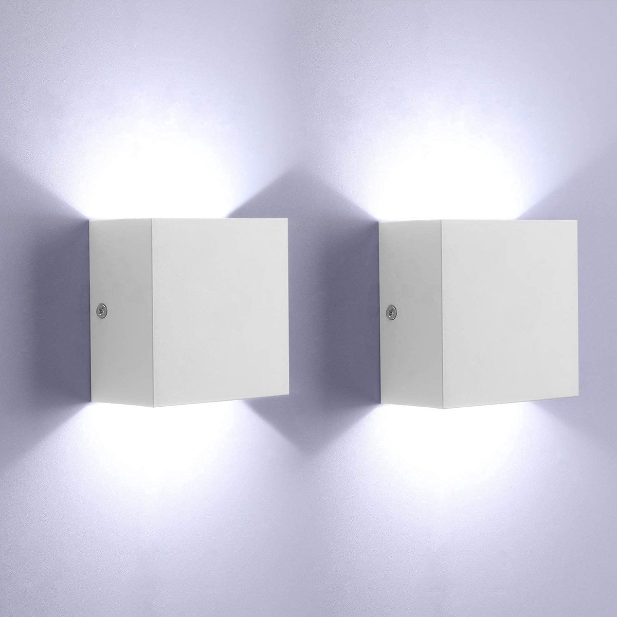 Set van 2 LED-wandlampen voor buiten - LED-wandlamp - Halverlichting - Kubusvormige wandlamp - Verlichting aan boven- en onderkant - Geschikt voor woonkamers en garages - 6W - 6000K wit licht - 10x10x5 cm - Gegoten aluminium - Wit