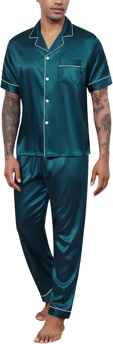 Pyjama heren lange satijnen pyjama set tweedelige lange mouwen mouwen knoopsluiting huispak en pyjamabroek zijden pyjama nachtkleding mannen huispak sleepwear loungewear