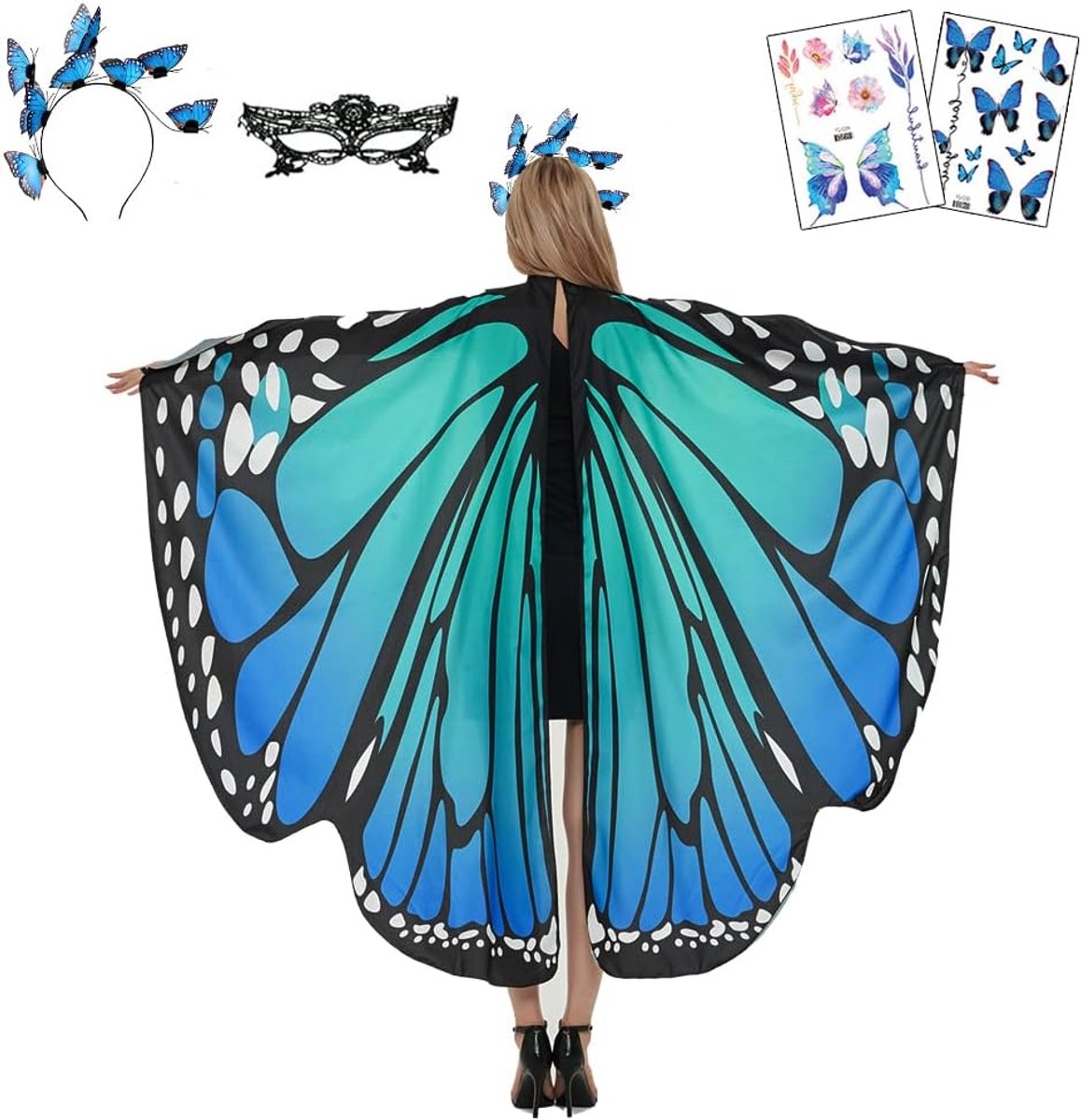 Vlinderkostuum voor dames, 4-delige set met vlindervleugels, vlindertattoo, haarband en Venetiaans masker, carnavalskostuum voor dames, carnavalskostuums voor dames