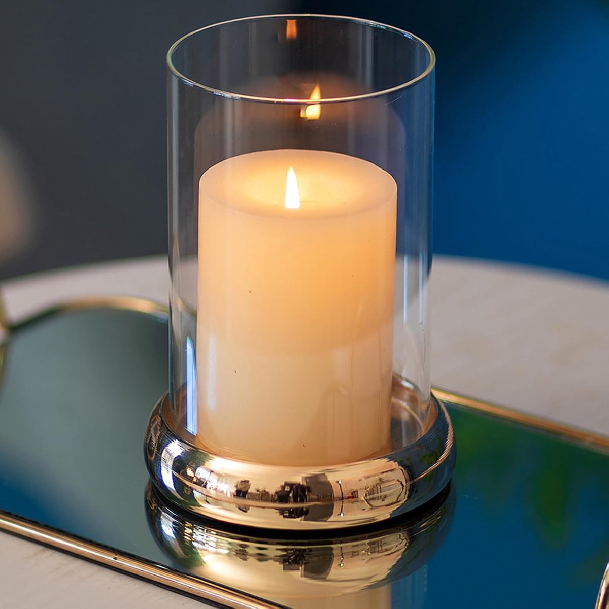 Orkaan Kaarshouder - Helder Glas Pillar Kaarshouder Cilinder Lantaarn Met Metalen Dienblad Voor Schouw Haard Koffie Eettafel Decoratieve Tafel Centrastukken Voor Kerstmis Bruiloft, Goud