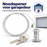 Noodopener voor garagedeur met kabel en twee sleutels. Afbeelding toont een garagedeur met "Noodopener voor garagedeur".