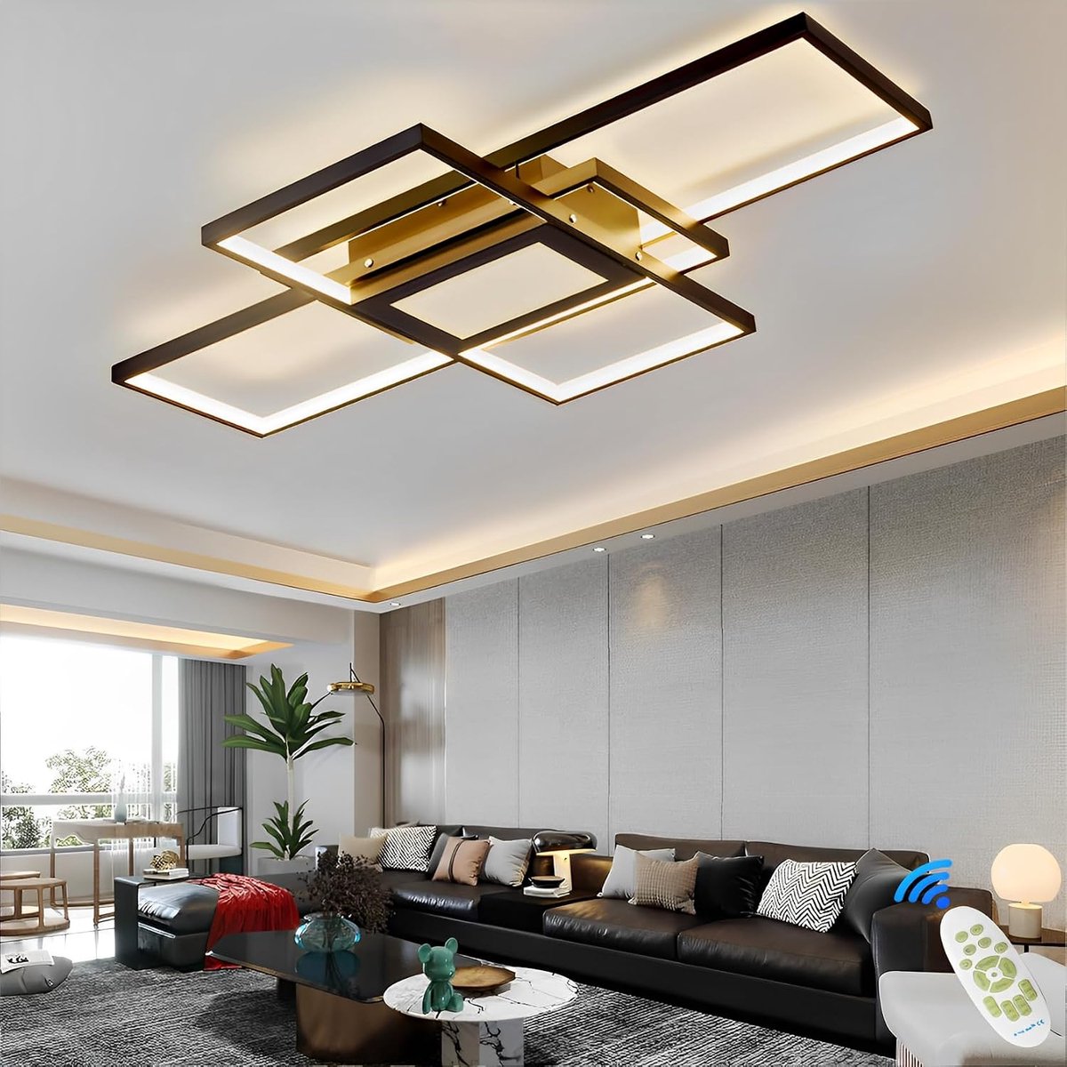 Design led-plafondlamp, 92 W, dimbaar, rechthoekige plafondlamp, woonkamer, zwart, met afstandsbediening, centrale besturingsbox met koplamp, voor keuken, eettafel, kantoor, 100 cm