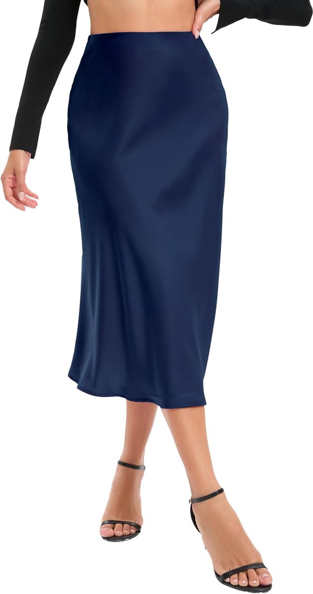 Midirok satijnen rok voor dames, elegant, lang, hoge taille, effen, midi-rok, A-lijn, zomerrok met verborgen elastiek en ritssluiting