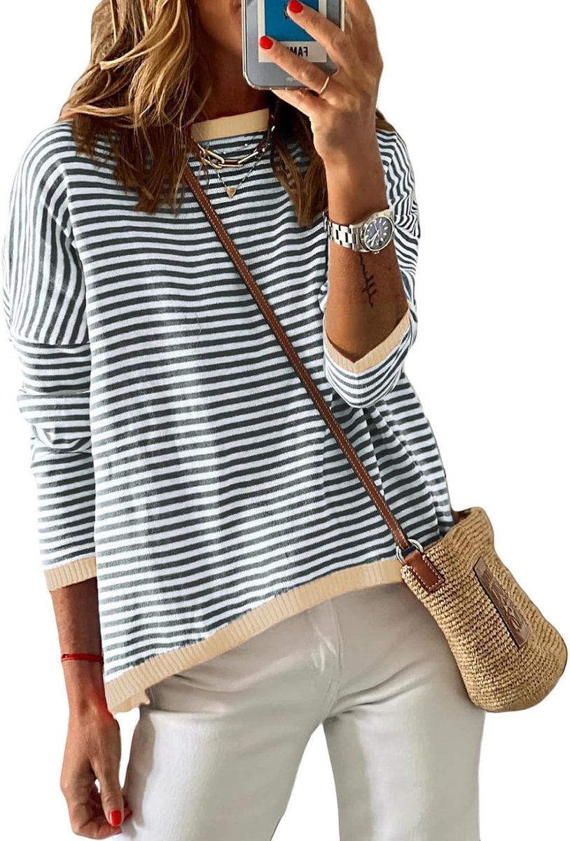 Trui Dames Mode Elegant Pullover Gestreept Sweatshirt Dames T-shirts Lange Mouw Ronde Hals Tops Basic Shirt Tees Casual Bovendeel