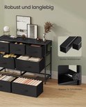 Detailfoto van een zwart dressoir met stoffen lades, metalen frame en stoppers. Beschrijft stevig staal en laden die niet doorbuigen.