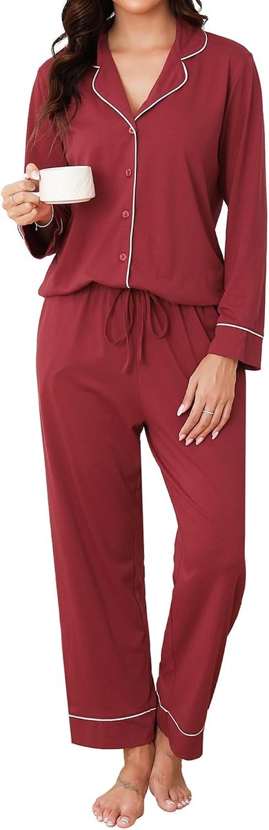 Pyjamaset Met Knoopjes, Lange V-Hals Tweedelig Lange Loungewear Huispak Pyjama Comfortabele Top En Pyjamabroek
