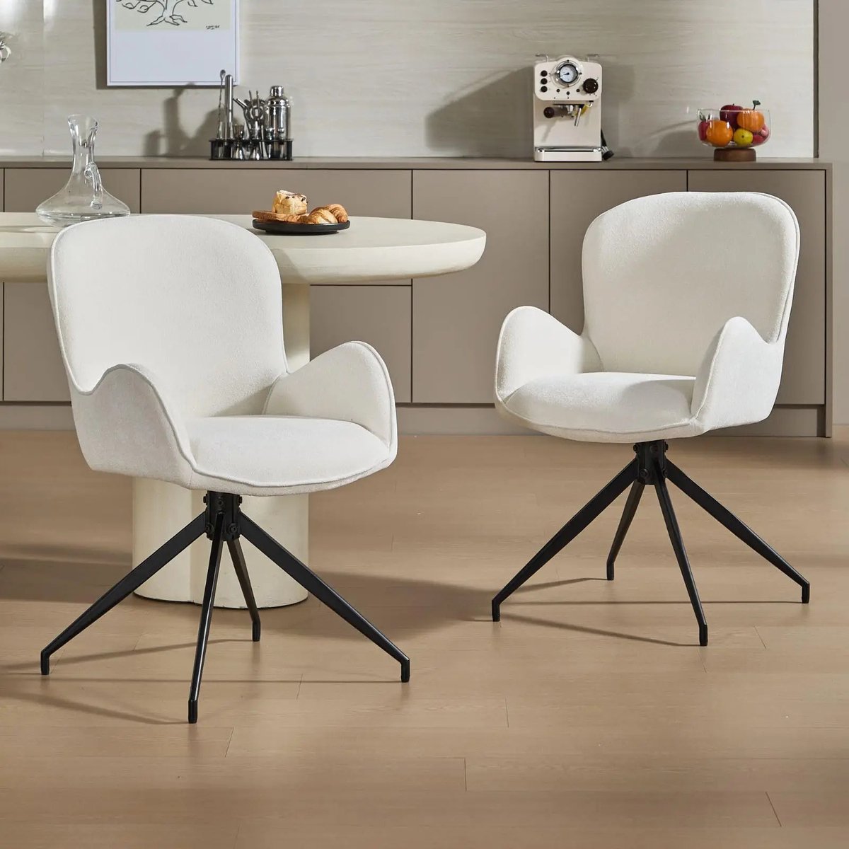 Gudalio Eetkamer Stoelen - Set van 2 - Keukenstoelen - Scandinavische stijl - 360 ° Draaibaar - Gestoffeerd - Metalen poten - Wit