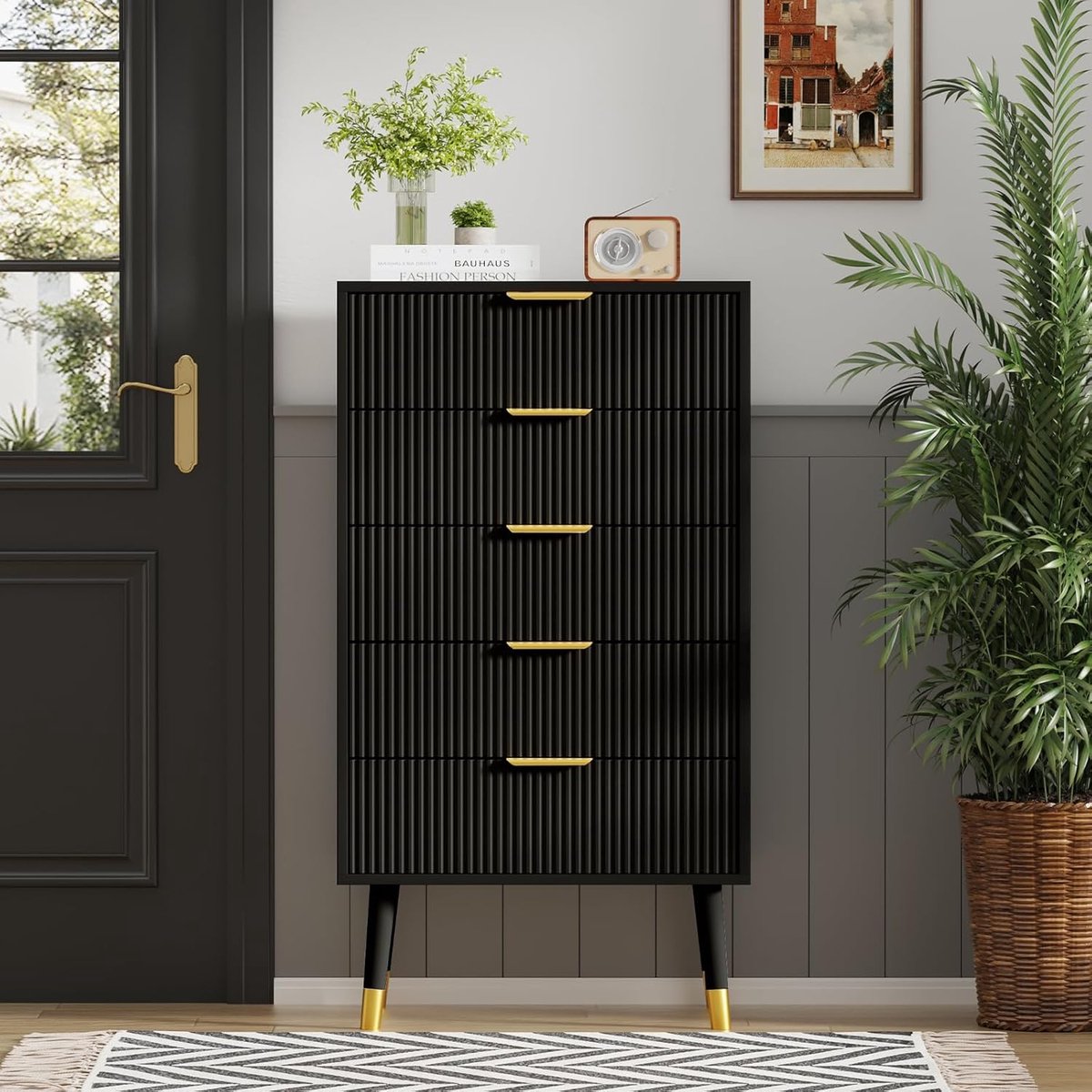 Triumpunpre Kommode Met 5 Lades - MDF Opbergkast Met Gouden Handgrepen - 60×39×105cm - Zwart