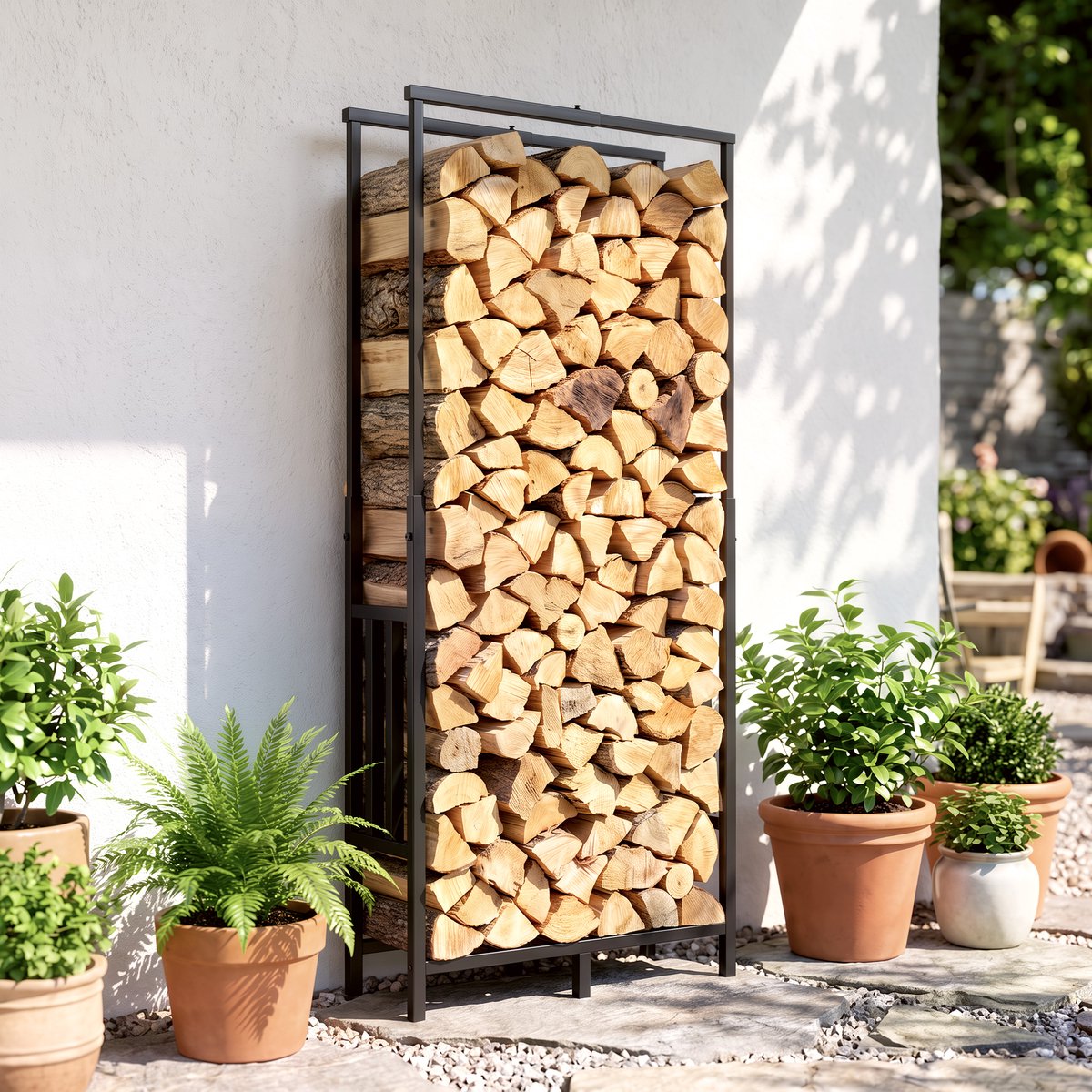Verstelbaar stalen haardhoutrek - Zwarte brandhoutberging - Houtopslag voor haardhout - 75,5x25x170 cm - Hout stapelen - Binnen en buiten Zwart