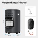 Gedetailleerde weergave van de Auronic gaskachel: afmetingen, onderstel met wielen, beschermhoes en gasaansluiting.