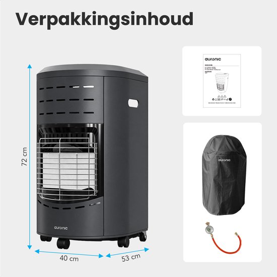 Gedetailleerde weergave van de Auronic gaskachel: afmetingen, onderstel met wielen, beschermhoes en gasaansluiting.
