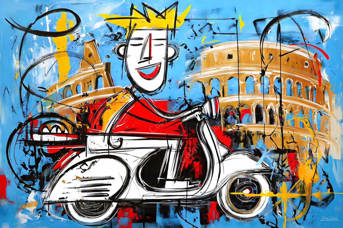 John Joseb Art (Glas) 120x80 | Scooter voor Colosseum in Rome, abstract, Herman Brood stijl, kleurrijk, Italie, kunst, bruin, rood, geel, blauw, modern | Foto-schilderij-glasschilderij-acrylglas-acrylaat-wanddecoratie