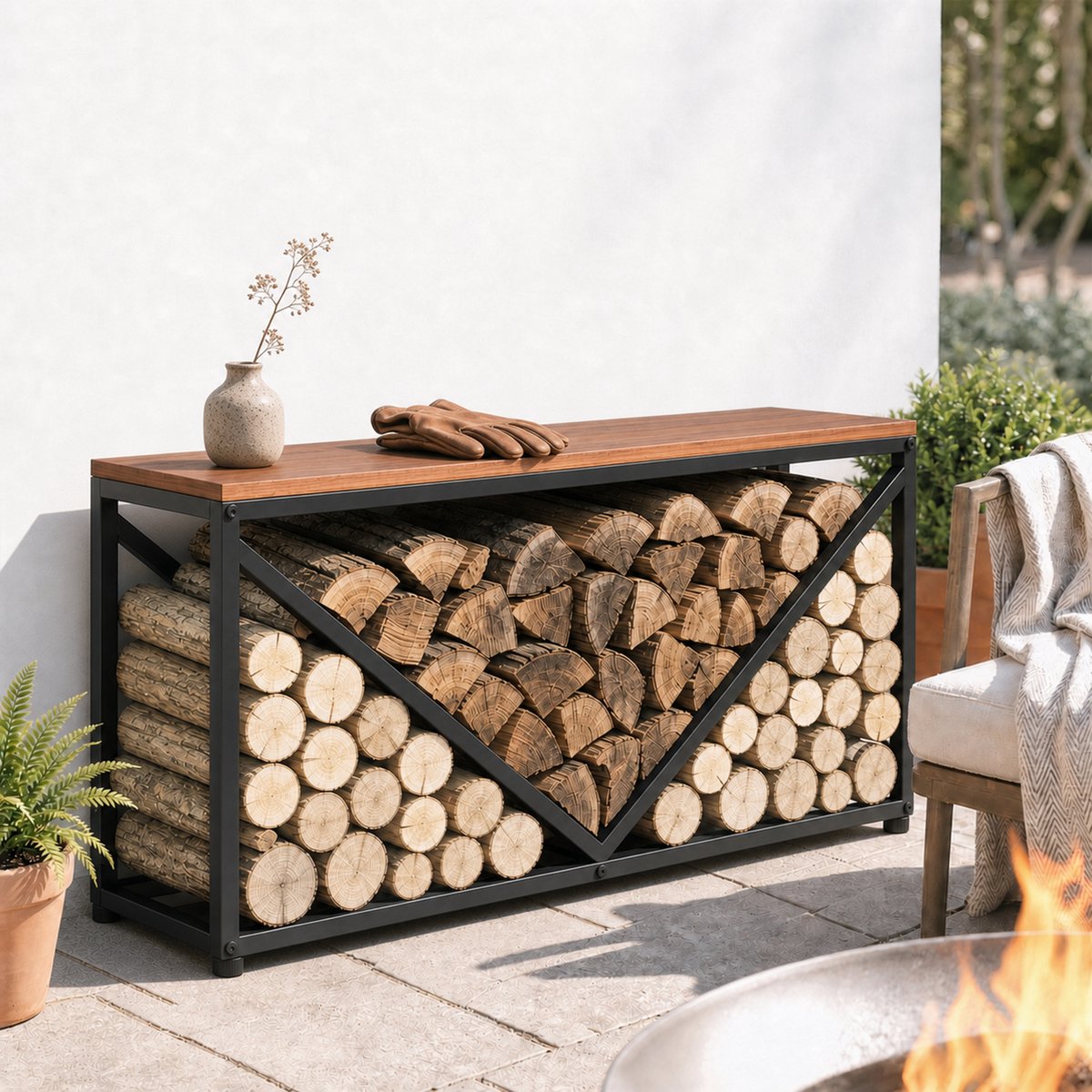 2-in-1 Haardhoutrek Met Bijzettafel - Metalen Brandhoutrek Voor Binnen - Houtopslag - 98x28x50 cm - Droog En Nat Hout - Woonkamer Zwart