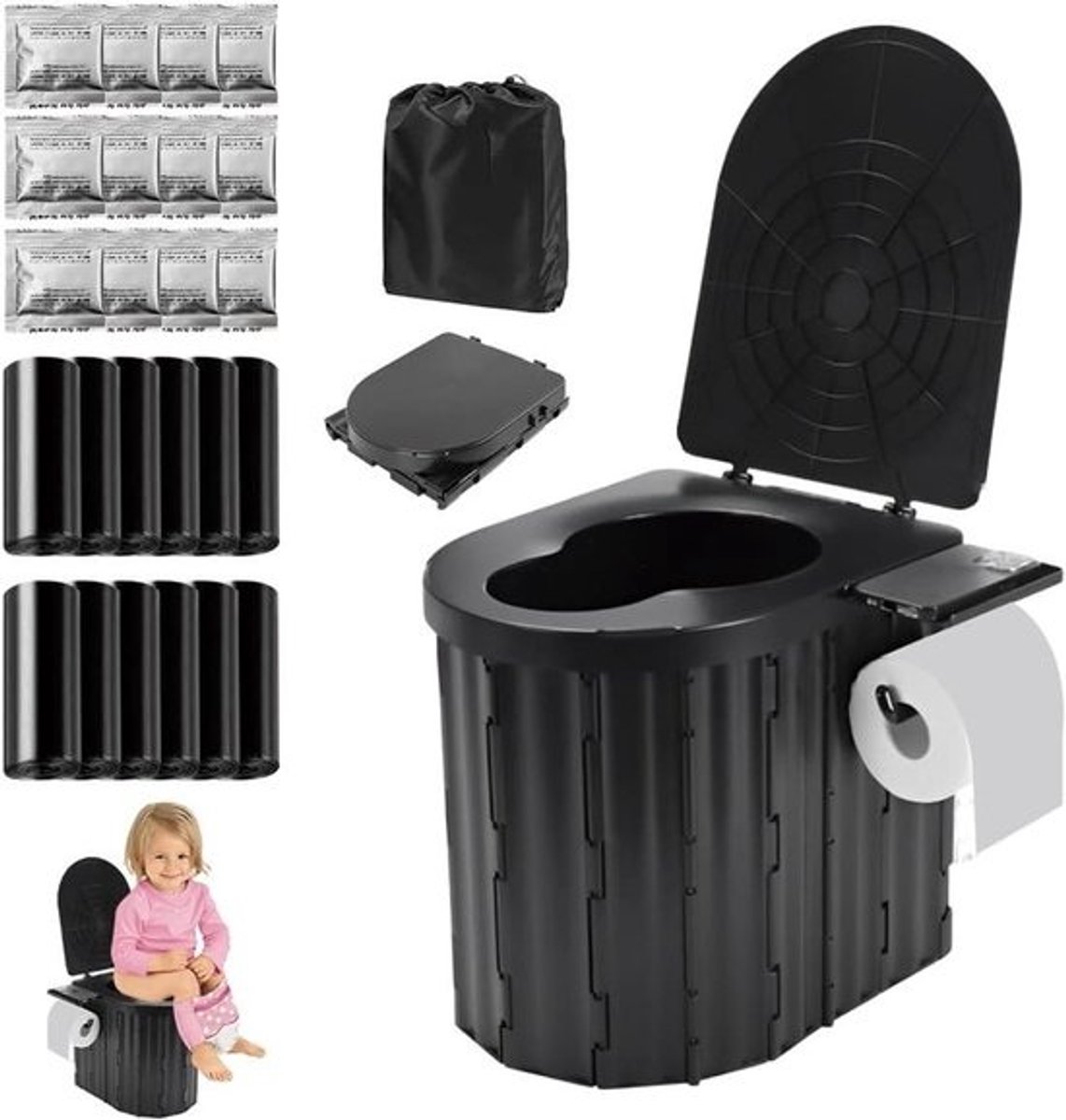 Extra groot opvouwbaar campingtoilet 365 cm hoog met papierrolhouder en telefoonhouder