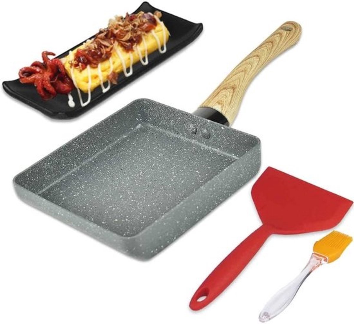 Japanse omelet pan mini met siliconen spatel en borstel, non-stick coating en magische spons gum