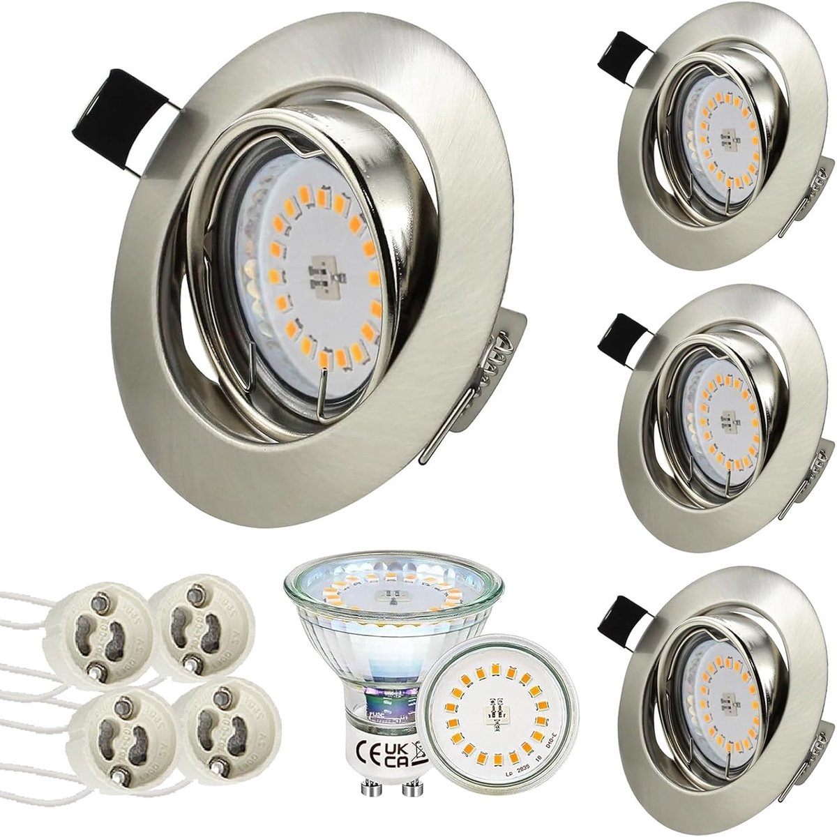 Set van 4 led-inbouwspots, 230 V, spots, 5 W, warmwit, GU10, inbouwlampen, rond, draaibaar, plafondlamp, 68 mm, gatmaat voor keuken, woonkamer