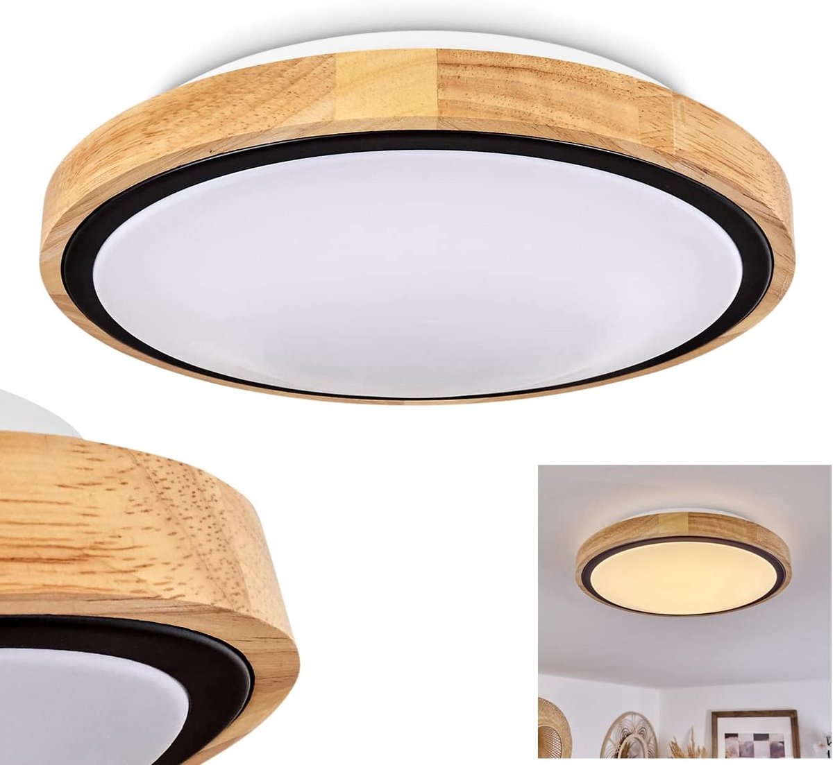 Plafondlamp Corinto, plafondlamp van metaal/hout/kunststof in naturel/zwart/wit, (Ø 35 cm), 1100 lumen, 3000 K, 1 x LED 12 Watt