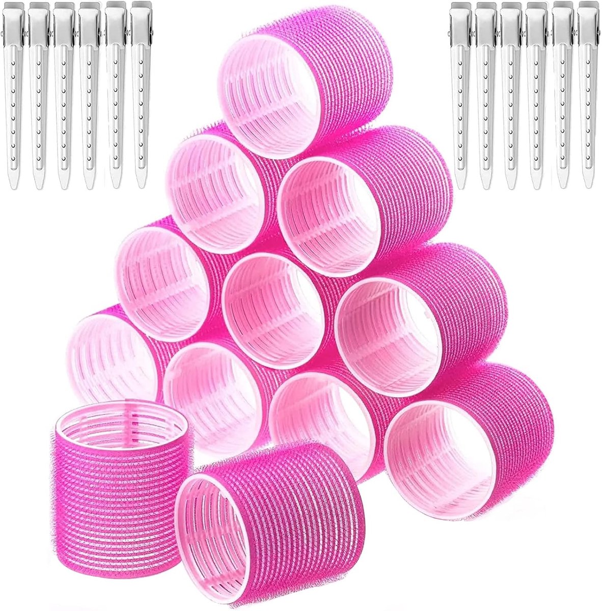 Set van 24 stuks, rollers voor grote krullen, zonder hitte, zelfklevende haarkrullers, grote haarrollers met 12 stuks eendenbek-haarspelden, voor lang en kort haar