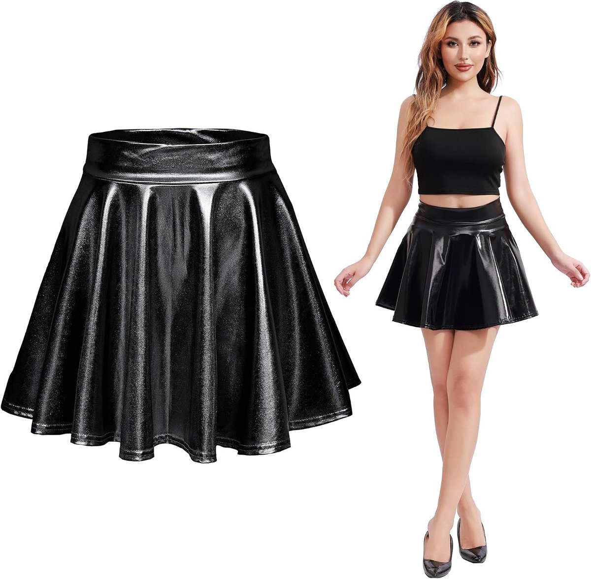 Rok voor dames, hoge taille, metallic rok voor dames, glanzend, niet doorzichtig, kreukvrij, minirok van metaal, sexy minirok voor dans, club, dans