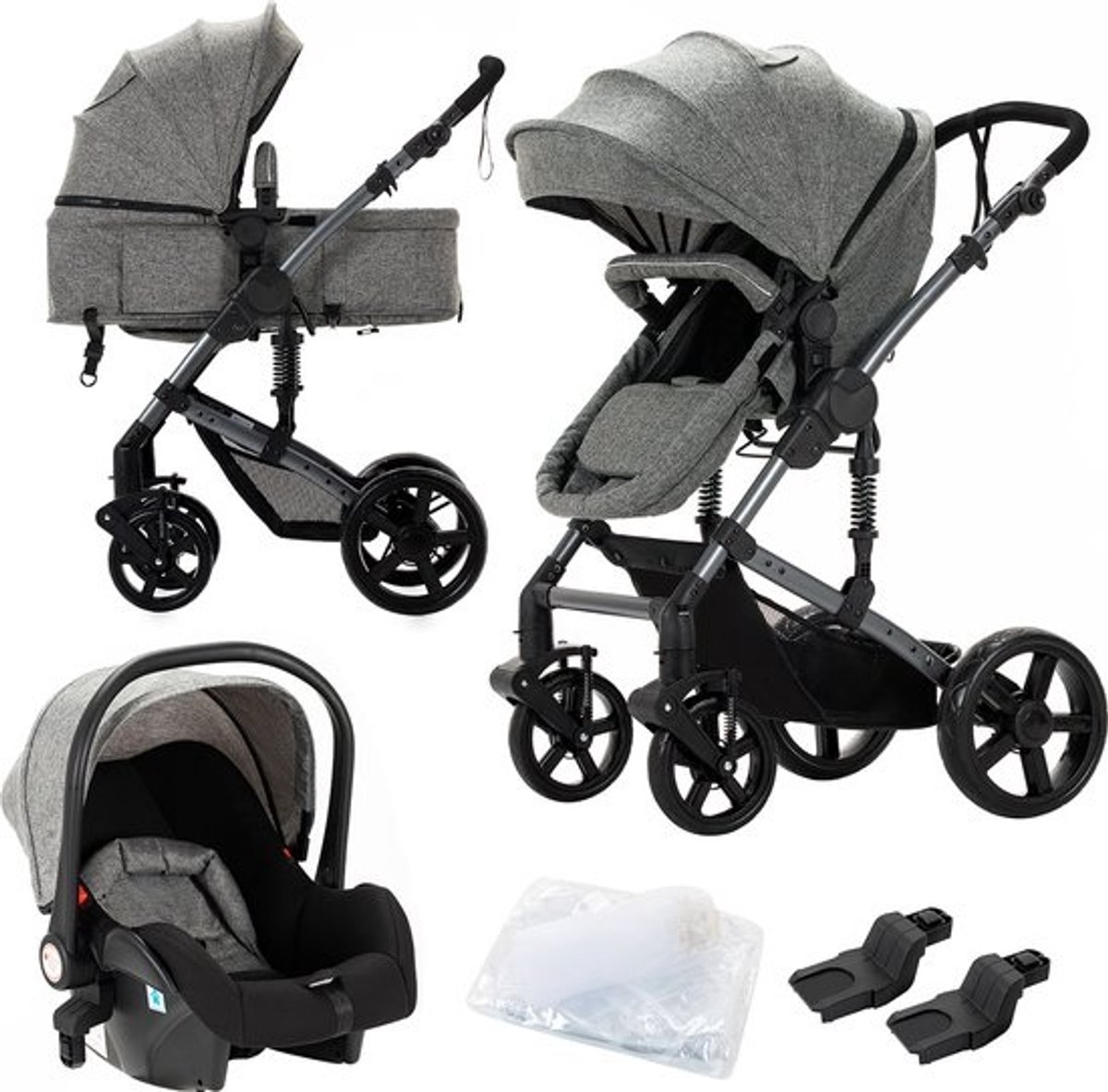 Luxe 3-in-1 Kinderwagen - Wandelwagen - Autostoeltje - Buggy - Reiswieg - Inklapbaar - 0-36 Maanden - Grijs