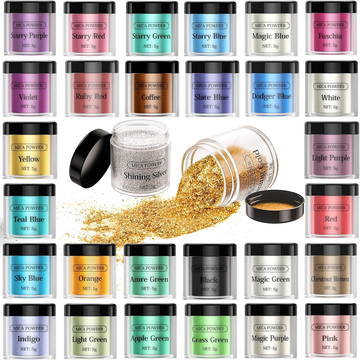 Epoxyharsverf, mica-poeder, 30-delig set met metaalachtige poederpigmenten voor DIY, epoxyhars, zeep, kaars, speelgoedslijm, cosmetica, nagellak