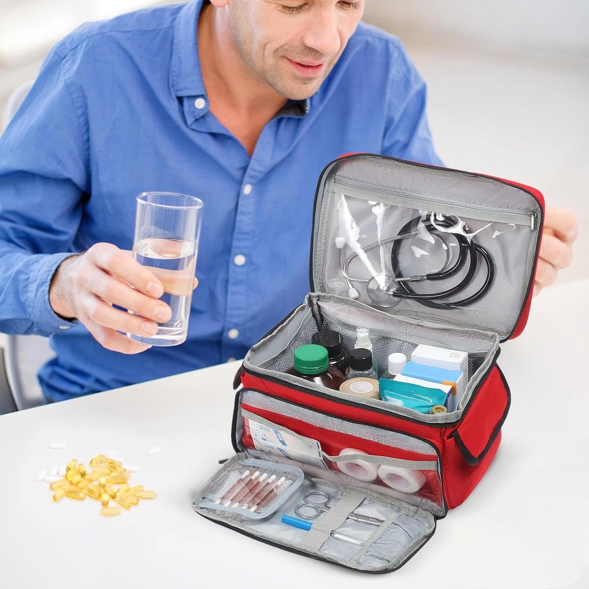 OUYLAF EHBO tas set 3 stuks - ehbo tas leeg - ehbo kit -ehbo koffer - verbanddoos - Grote EHBO‑tas - Rood - 28x19x16cm - Ontwerp met meerdere compartimenten - Met PVC‑voering - geen medicijnen inbegrepen - Geschikt voor auto, thuis, kantoor en buiten – foto 4