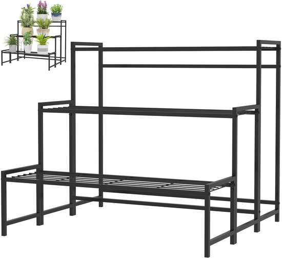 Zwart, trapsgewijs metalen plantenrek met drie niveaus.