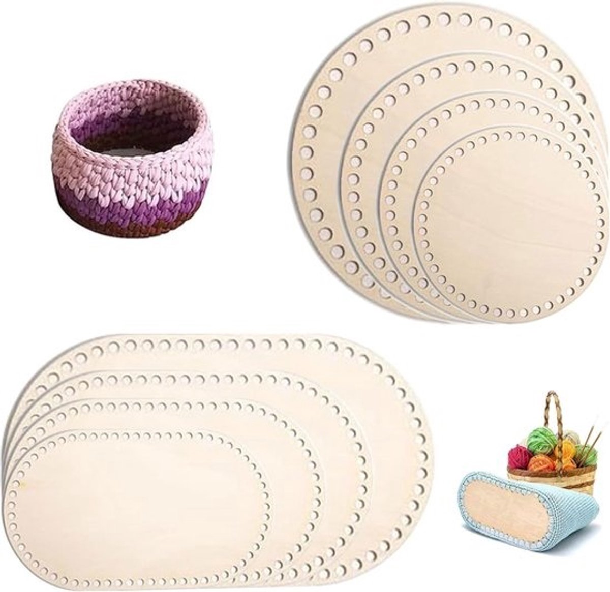 8 houten mandbodems voor haakwerk - Natuurlijk hout en DIY-set - 10/15/20/25 cm