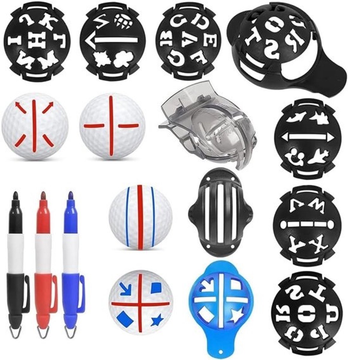 Golf Ball Marker Set met 12 Stuks, Inclusief 6 Templates en 3 Golf Ball Markers voor Nauwkeurige Uitlijning en Coating