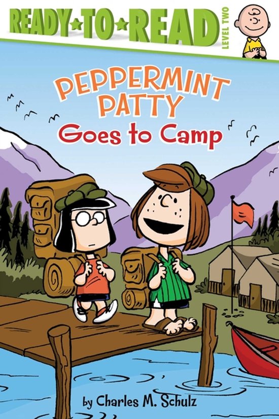 Boekcover: Peppermint Patty en Marcie met rugzakken op een pier, met campings en bergen op de achtergrond. "READY-TO-READ LEVEL TWO PEPPERMINT PATTY Goes to Camp"