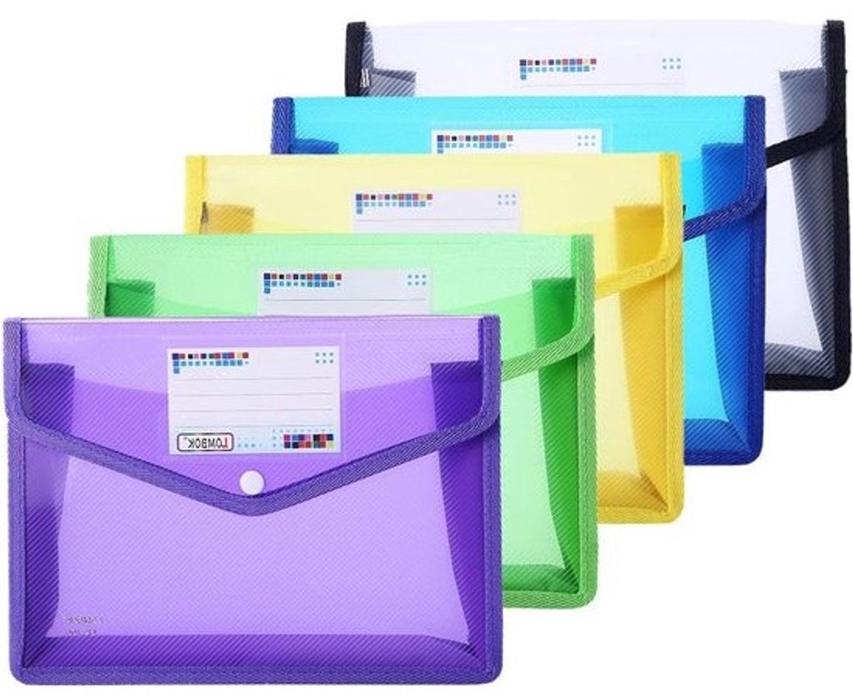 Set van 5 Transparante Documentmappen A5, Verzamelmap voor Bestanden, Papieren en Documenten in 5 Kleuren met Drukknop