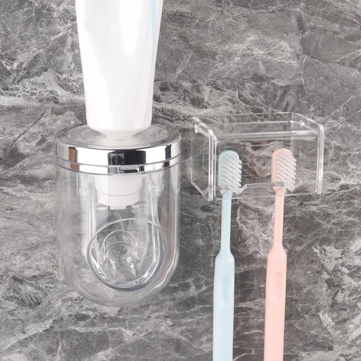 Muurbeugel voor tandenborstels met deksel, zelfklevende organizer en automatische tandpastadispenser