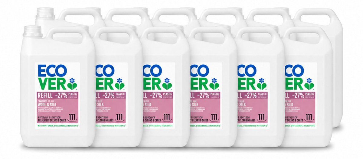 12 x Ecover - Vloeibaar wasmiddel - Wol & Fijnwas - Waterlelie & Honingmeloen - 5 liter - 111 wasbeurten - Voordeelverpakking - 12 stuks