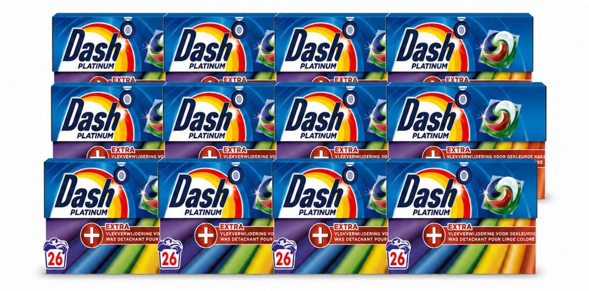 12 x Dash – Wasmiddelcapsules – 4in1 Pods + Extra Vlekverwijdering Color – 26 capsules - Voordeelverpakking - 12 stuks