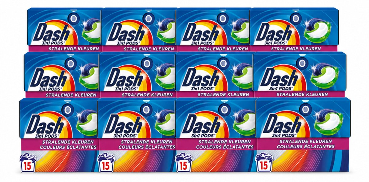 12 x Dash – Wasmiddelcapsules – 3in1 Pods Stralende Kleuren – 15 capsules - Voordeelverpakking - 12 stuks