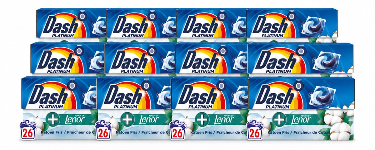 12 x Dash – Wasmiddelcapsules – 4in1 Pods Katoen Fris – 26 capsules - Voordeelverpakking - 12 stuks