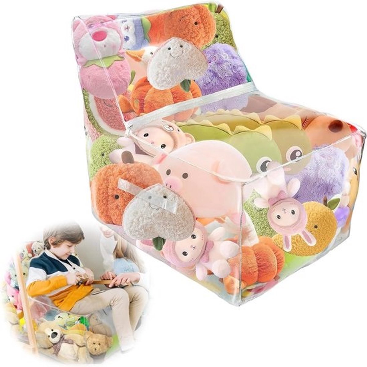 2 in 1 Zachte Speelgoedopslagzak voor Knuffels - PVC Opbergzak met Ritsen - Herbruikbare Doorzichtige Zitzak - Ergonomisch Ontwerp voor Efficiënte Speelgoedorganisatie