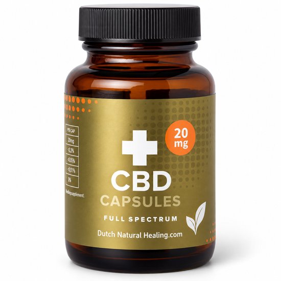 Amberkleurige pot met een gouden etiket met de tekst "CBD CAPSULES FULL SPECTRUM 20MG".